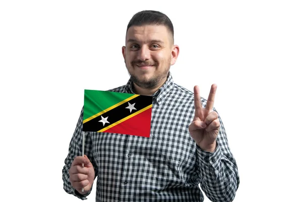 White Guy Holding Flag Kitts Nevis Shows Two Fingers Isolated — Stock Photo, Image