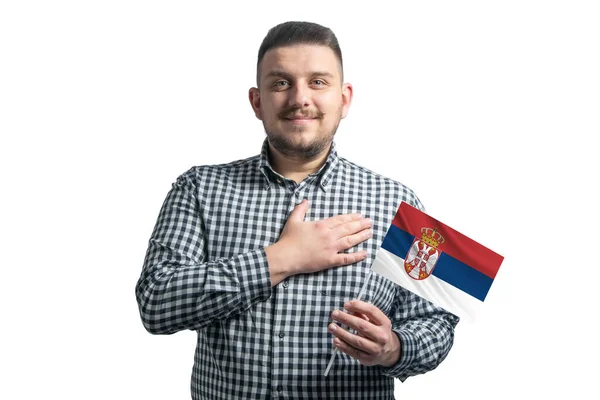拿着塞尔维亚国旗的白人手挽手 在白色背景下孤身一人 对塞尔维亚充满爱心 — 图库照片