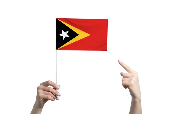 Egy Gyönyörű Női Kéz Kelet Timor Zászlót Tart Amihez Másik — Stock Fotó