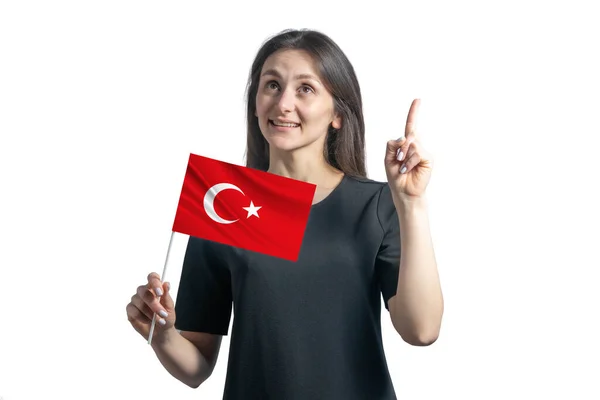 Gelukkige Jonge Blanke Vrouw Met Vlag Van Turkije Duimen Omhoog — Stockfoto