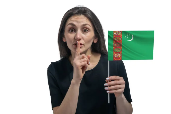 Gelukkige Jonge Blanke Vrouw Met Vlag Van Turkmenistan Houdt Een — Stockfoto