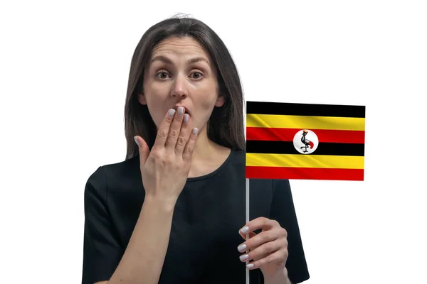 Glad Ung Vit Kvinna Som Håller Flagga Uganda Och Täcker — Stockfoto