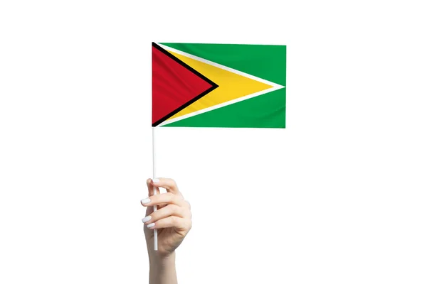 Beautiful Female Hand Holding Guyana Flag Isolated White Background — Stock Fotó