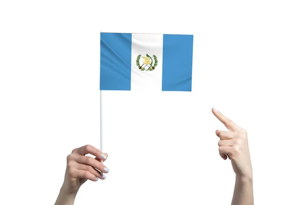 Beautiful Female Hand Holds Guatemala Flag Which She Shows Finger — Fotografia de Stock