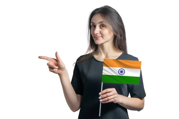 Happy Young White Woman Holding Flag India Points Left Isolated — Stock Photo, Image