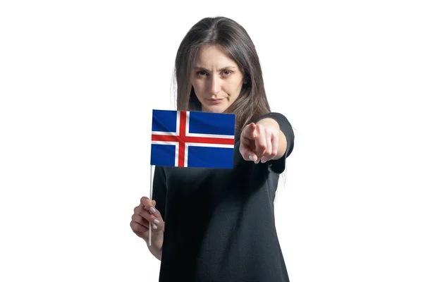 Happy Young White Woman Holding Flag Iceland Points Forward Front — Stockfoto