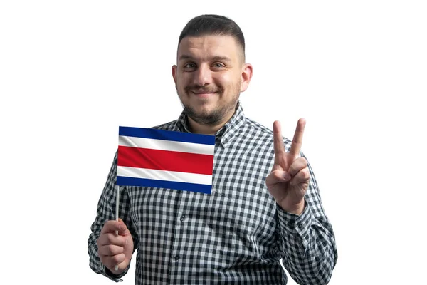 White Guy Holding Flag Costa Rica Shows Two Fingers Isolated — Fotografia de Stock