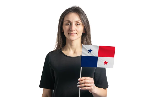 Glad Ung Vit Flicka Som Håller Panama Flagga Isolerad Vit — Stockfoto