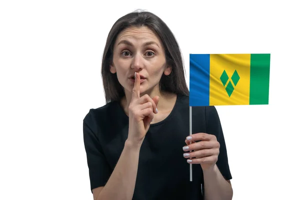 Glad Ung Vit Kvinna Som Håller Flagga Saint Vincent Och — Stockfoto