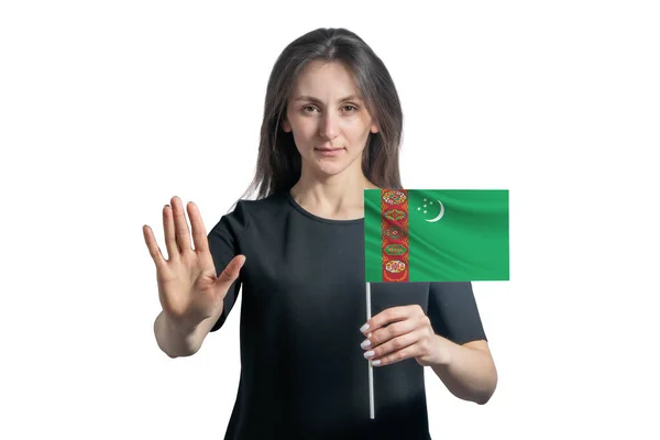 Gelukkige Jonge Blanke Vrouw Met Vlag Van Turkmenistan Met Een — Stockfoto
