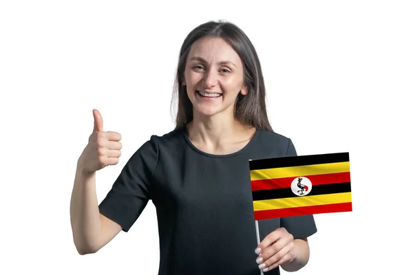 Happy Young White Woman Holding Flag Uganda Shows Class Hand — Stok Foto