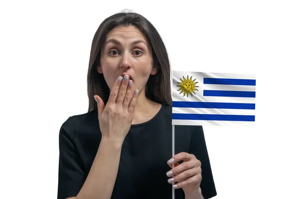 Jovem Mulher Branca Feliz Segurando Bandeira Uruguai Cobre Boca Com — Fotografia de Stock