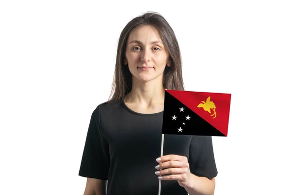 Jovem Menina Branca Feliz Segurando Bandeira Papua Nova Guiné Isolado — Fotografia de Stock