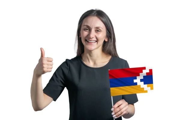 Счастливая Молодая Белая Женщина Флагом Нагорно Карабахской Республики Показывает Класс — стоковое фото