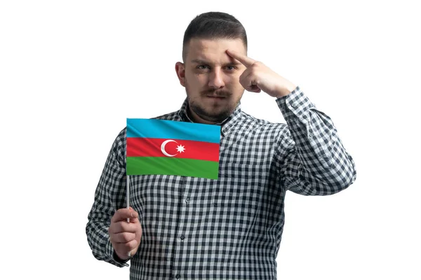 Fehér Fickó Kezében Egy Zászlót Azerbajdzsán Egy Ujj Érinti Templom — Stock Fotó