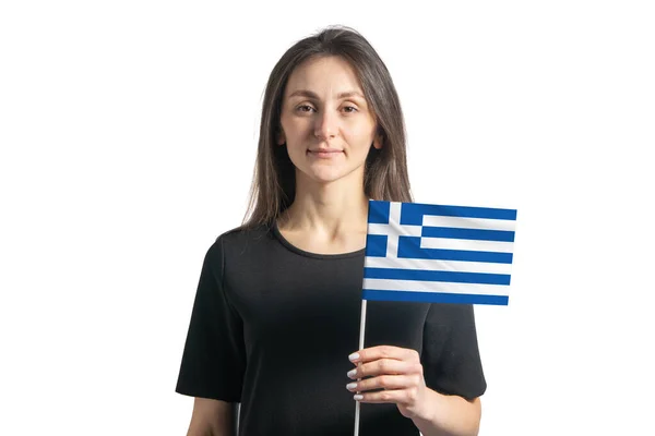 Ευτυχισμένη Νεαρή Λευκή Κοπέλα Που Κρατά Την Ελληνική Σημαία Απομονωμένη — Φωτογραφία Αρχείου
