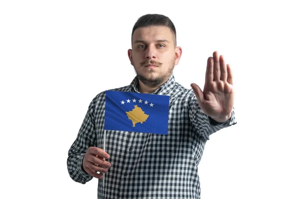 White Guy Holding Flag Kosovo Serious Face Shows Hand Stop — Stock Photo, Image