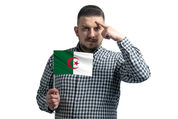 Ragazzo Bianco Che Tiene Una Bandiera Dell Algeria Dito Tocca — Foto Stock