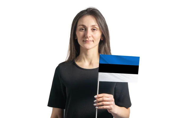 Ευτυχισμένο Νεαρό Λευκό Κορίτσι Που Κρατά Σημαία Της Εσθονίας Απομονωμένη — Φωτογραφία Αρχείου