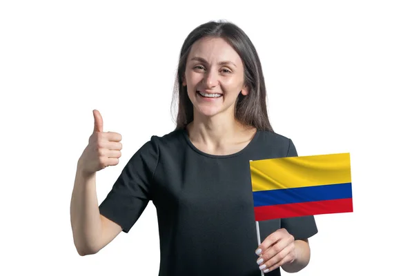 Feliz Joven Mujer Blanca Sosteniendo Bandera Colombia Muestra Clase Mano — Foto de Stock