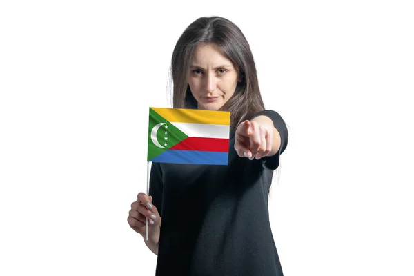 Glad Ung Vit Kvinna Som Håller Flagg Komorerna Och Pekar — Stockfoto
