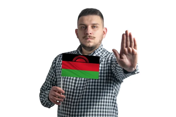 Bílý Muž Drží Vlajku Malawi Vážnou Tváří Ukazuje Ruční Stopku — Stock fotografie