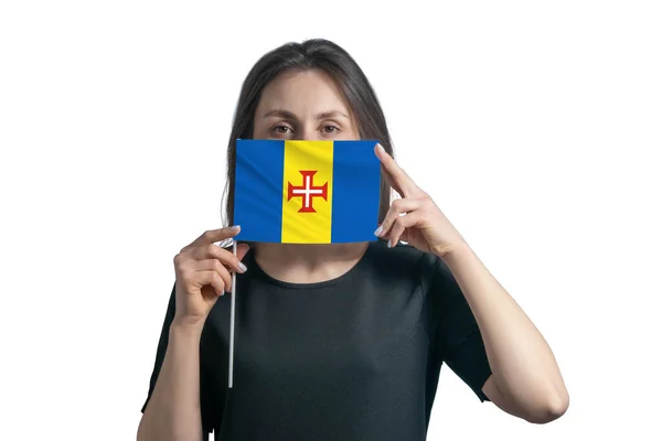 Gelukkige Jonge Blanke Vrouw Met Vlag Madeira Vlag Bedekt Haar — Stockfoto