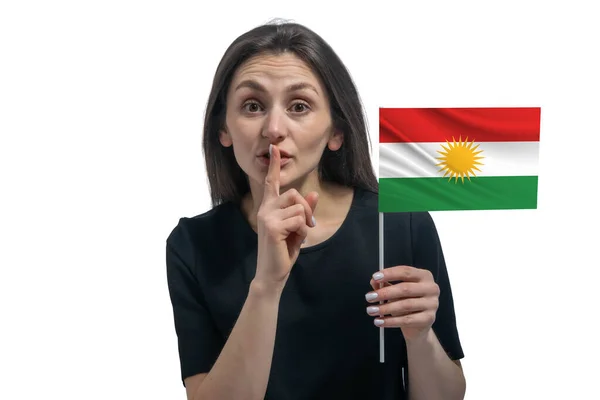 Heureuse Jeune Femme Blanche Tenant Drapeau Kurdistan Tenant Doigt Sur — Photo