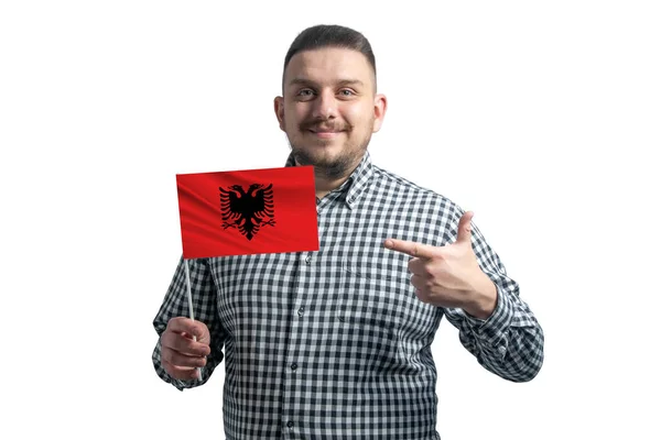Vit Kille Som Håller Flagga Albanien Och Pekar Fingret Den — Stockfoto