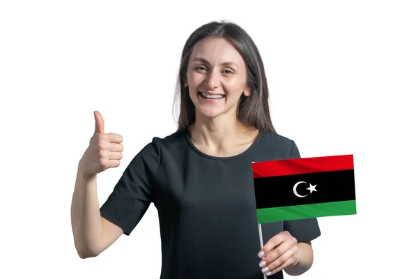 Glad Ung Vit Kvinna Som Håller Flaggan Libyen Och Visar — Stockfoto