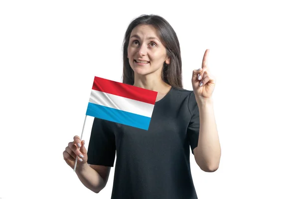 Lüksemburg Bayrağını Tutan Mutlu Beyaz Kadın Beyaz Arka Planda Izole — Stok fotoğraf