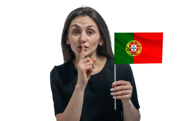 Happy Young White Woman Holding Flag Portugal Holds Finger Her — Stock Photo, Image