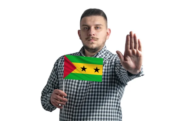 Bianco Che Tiene Una Bandiera Sao Tome Principe Con Volto — Foto Stock