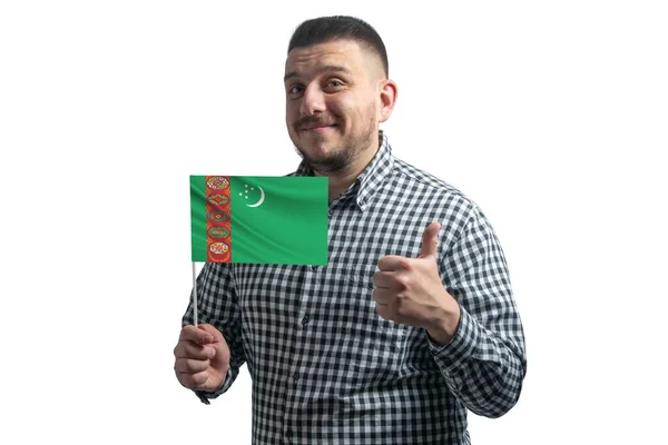 Blanke Man Met Een Vlag Van Turkmenistan Toont Klasse Met — Stockfoto