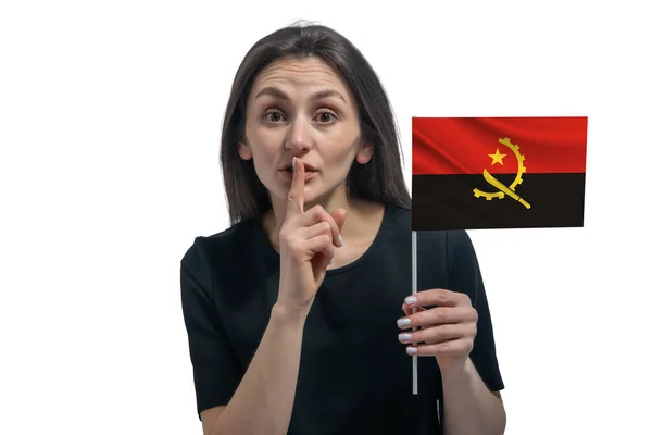 Glückliche Junge Weiße Frau Mit Angolanischer Flagge Und Einem Finger — Stockfoto