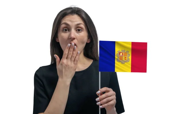 Felice Giovane Donna Bianca Che Tiene Bandiera Andorra Copre Bocca — Foto Stock