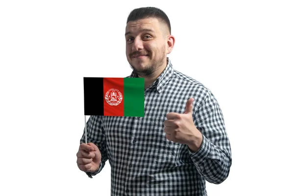 Fehér Fickó Afganisztán Zászlajával Kézzel Mutatja Osztályt Elszigetelve Fehér Háttérrel — Stock Fotó