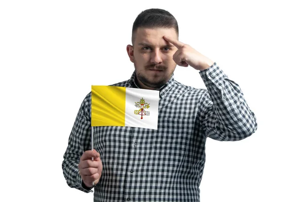 Homem Branco Segurando Uma Bandeira Vaticano Dedo Toca Templo Cabeça — Fotografia de Stock