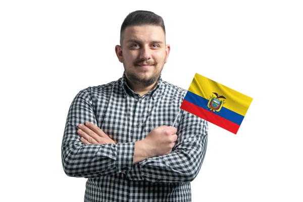 Vit Kille Som Håller Flagga Ecuador Leende Säker Med Korsade — Stockfoto