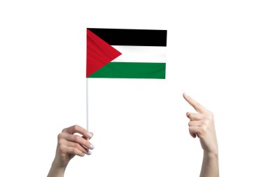 Güzel bir kadın el, beyaz arka planda izole edilmiş diğer elinin parmağını gösterdiği bir Filistin bayrağını tutuyor..