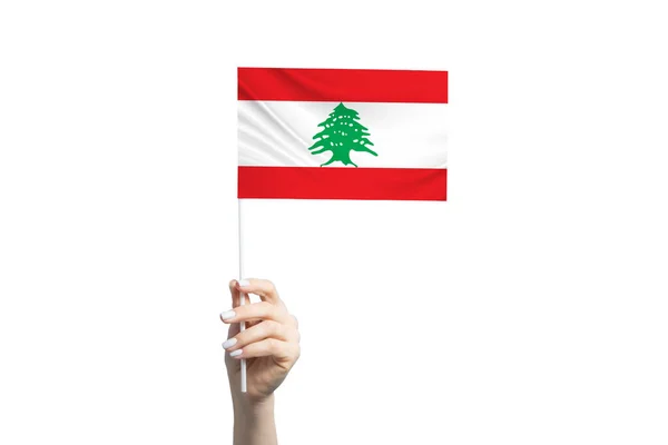 Gyönyörű Női Kéz Tartja Libanon Zászló Elszigetelt Fehér Háttér — Stock Fotó