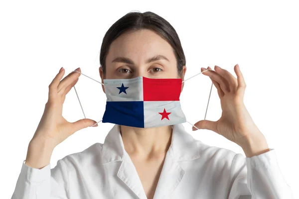 Respirator Med Flagga Panama Doctor Sätter Medicinsk Ansiktsmask Isolerad Vit — Stockfoto