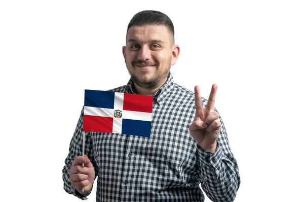 Vit Kille Som Håller Flagga Dominikanska Republiken Och Visar Två — Stockfoto