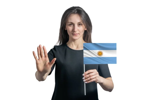 Mujer Blanca Joven Feliz Sosteniendo Bandera Argentina Con Una Cara —  Fotos de Stock