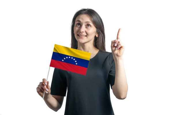 Mujer Blanca Joven Feliz Sosteniendo Bandera Venezuela Los Pulgares Hacia — Foto de Stock