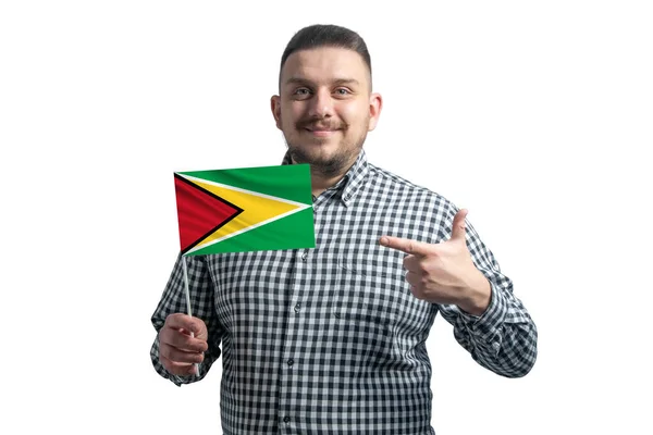 Gana Bayrağını Tutan Beyaz Adam Diğer Elini Beyaz Arka Planda — Stok fotoğraf
