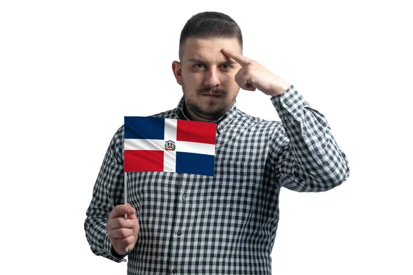 Hombre Blanco Sosteniendo Una Bandera República Dominicana Dedo Toca Templo — Foto de Stock