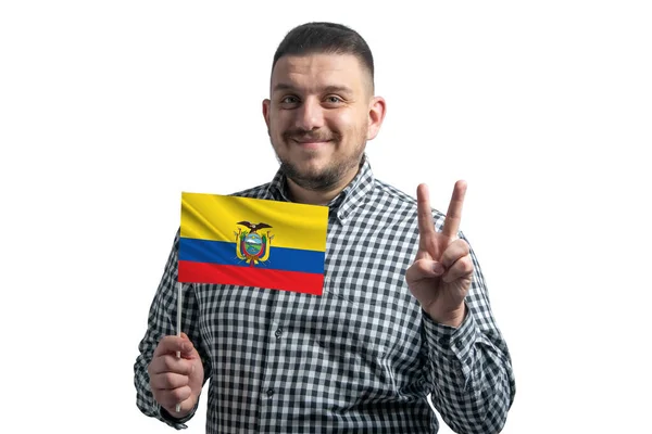 Hombre Blanco Sosteniendo Una Bandera Ecuador Muestra Dos Dedos Aislados — Foto de Stock