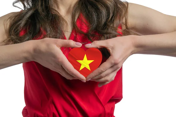 Love Vietnam Woman Holds Heart Form Flag Vietnam Her Chest — Stock Photo, Image