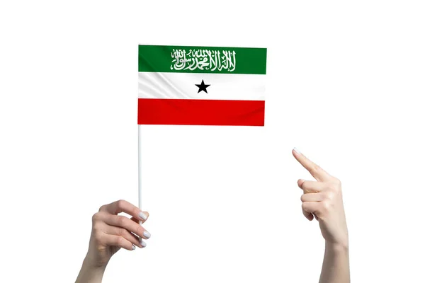 Beautiful Female Hand Holds Somaliland Flag Which She Shows Finger — Stock Photo, Image